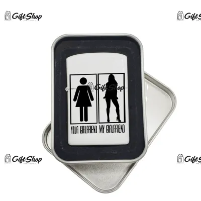 Your girlfriend my girlfriend, bricheta metalica gravata laser cu mesaj